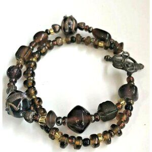 Amber Brown Deep Purple Beaded Bracelet Rose Metal Toggle Clasp 7" OOAK